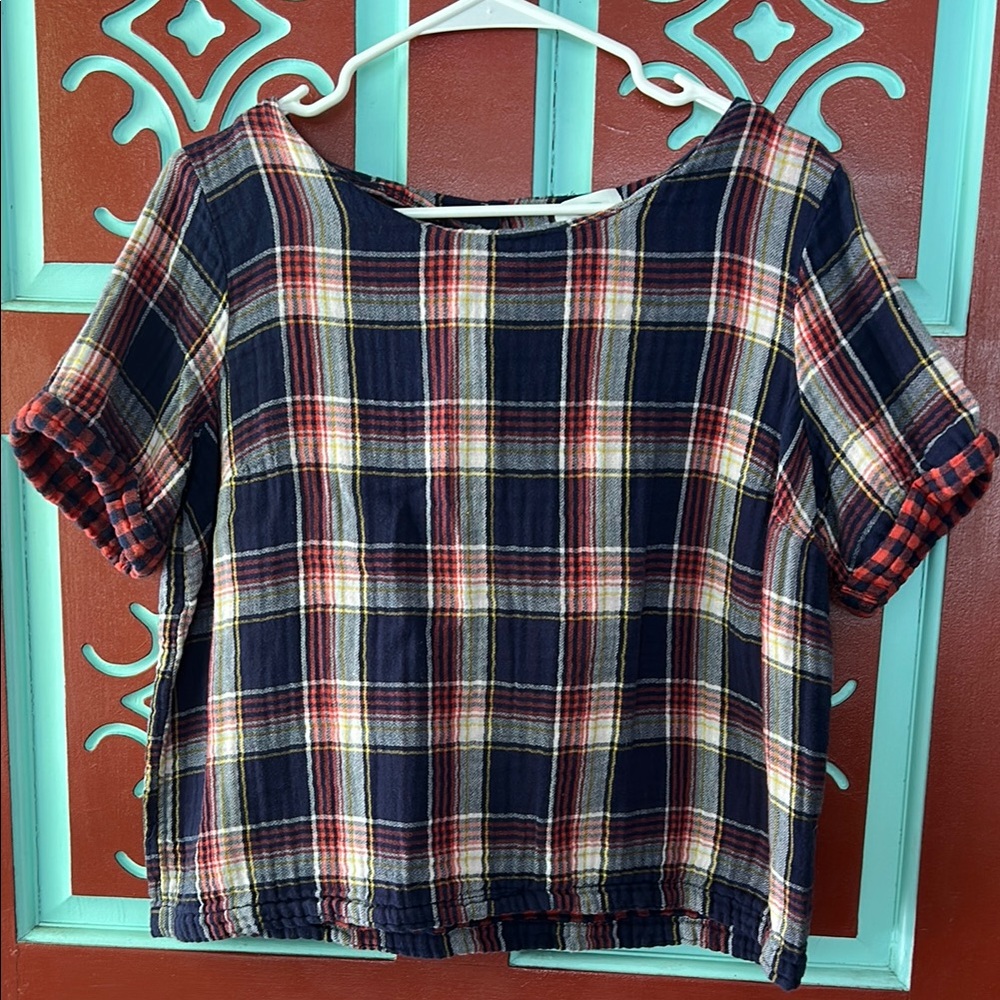 Old Navy Plaid Women's Top - Navy and Red Size Large